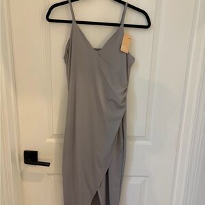 V-Neck Wrap Midi Dress in Light Gray with Spaghetti Straps